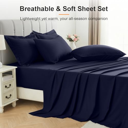 Easthome Queen Comforter Set 7 Piece - Soft Bed in a Bag Queen Size Comforter Sets, Cozy Bedding Sets with Lightweight Comforter, Flat Sheet, Fitted Sheet, 2 Pillowcases & 2 Shams, Navy Blue - Image 5