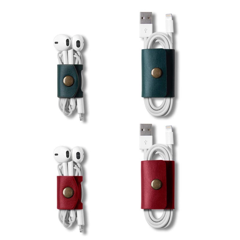 Daily Objects حزام كابل DailyObjects لتغليف الكابلات/الأسلاك | لف الكابلات، حامل سماعات الرأس، منظم مصغر | مصنوع من جلد مجفف ومطحون | (أحمر وأخضر) - مجموعة من 4 - Image 1