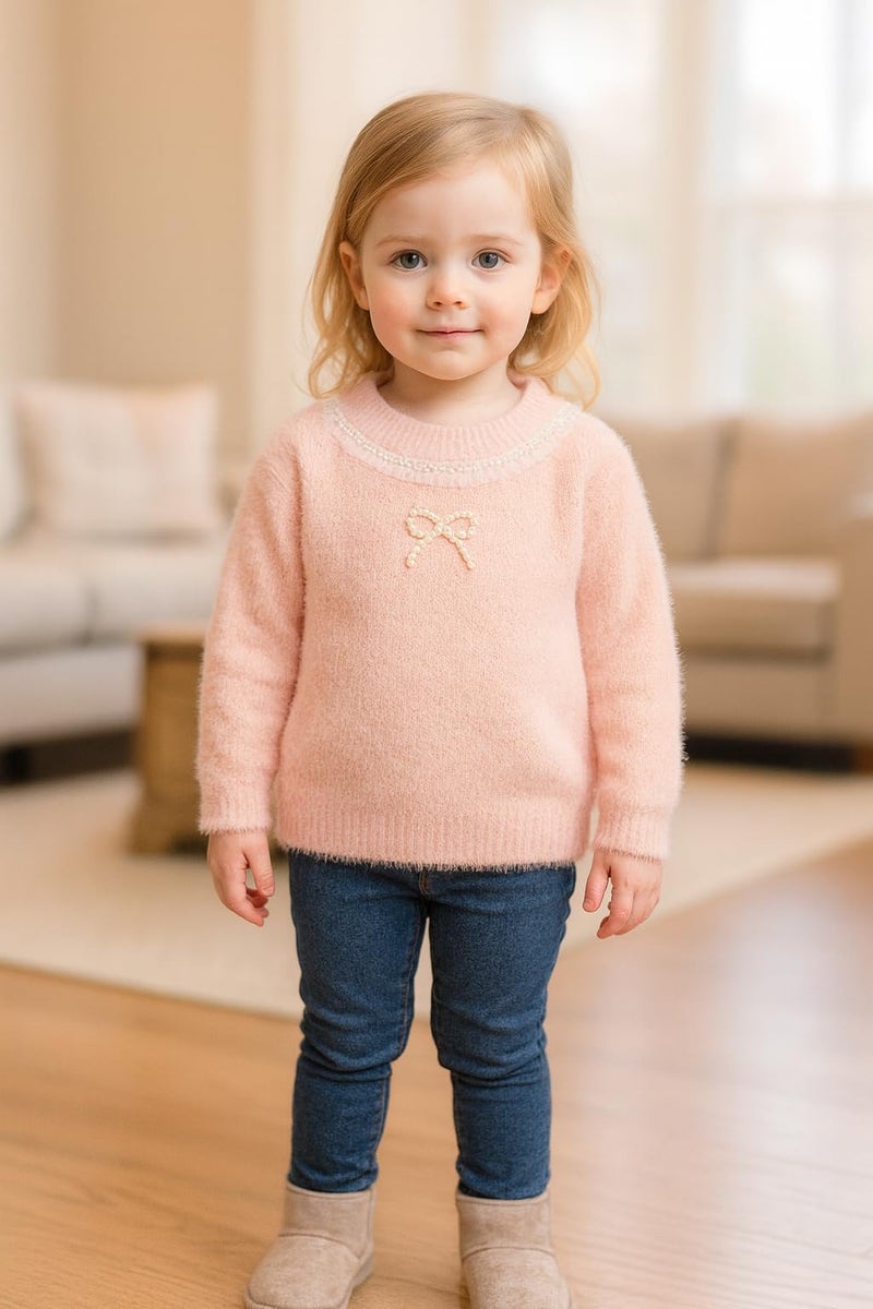 Bold N Elegant Girls Woolen Pearl Bow Design Party Sweater with Embellished Neckline | Soft Fur Knit Party Pullover Sweater Winter Jumper for Baby Girls Upto 5 Years Pink - Image 2