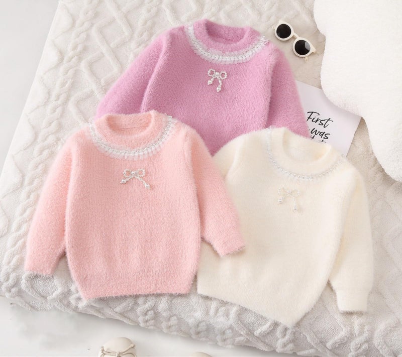 Bold N Elegant Girls Woolen Pearl Bow Design Party Sweater with Embellished Neckline | Soft Fur Knit Party Pullover Sweater Winter Jumper for Baby Girls Upto 5 Years Pink - Image 4