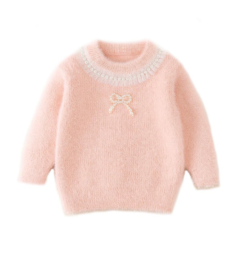 Bold N Elegant Girls Woolen Pearl Bow Design Party Sweater with Embellished Neckline | Soft Fur Knit Party Pullover Sweater Winter Jumper for Baby Girls Upto 5 Years Pink - Image 1