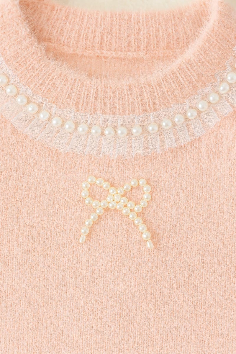 Bold N Elegant Girls Woolen Pearl Bow Design Party Sweater with Embellished Neckline | Soft Fur Knit Party Pullover Sweater Winter Jumper for Baby Girls Upto 5 Years Pink - Image 3