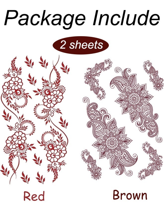 2 Sheets Red and Brown Henna Tattoo Kit Lace Fake Tattoos Semi Permanent Waterproof Stickers for Women Wedding Party Festival Bridal Shower Bachelorette Night Beach Vacation Daily Wear Tattoos Decorations - Image 2