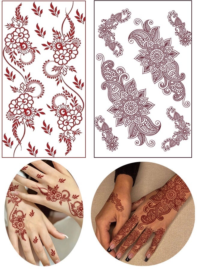 2 Sheets Red and Brown Henna Tattoo Kit Lace Fake Tattoos Semi Permanent Waterproof Stickers for Women Wedding Party Festival Bridal Shower Bachelorette Night Beach Vacation Daily Wear Tattoos Decorations - Image 1