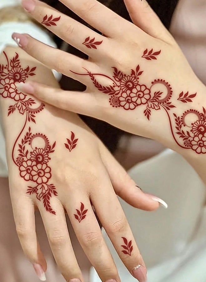 2 Sheets Red and Brown Henna Tattoo Kit Lace Fake Tattoos Semi Permanent Waterproof Stickers for Women Wedding Party Festival Bridal Shower Bachelorette Night Beach Vacation Daily Wear Tattoos Decorations - Image 3