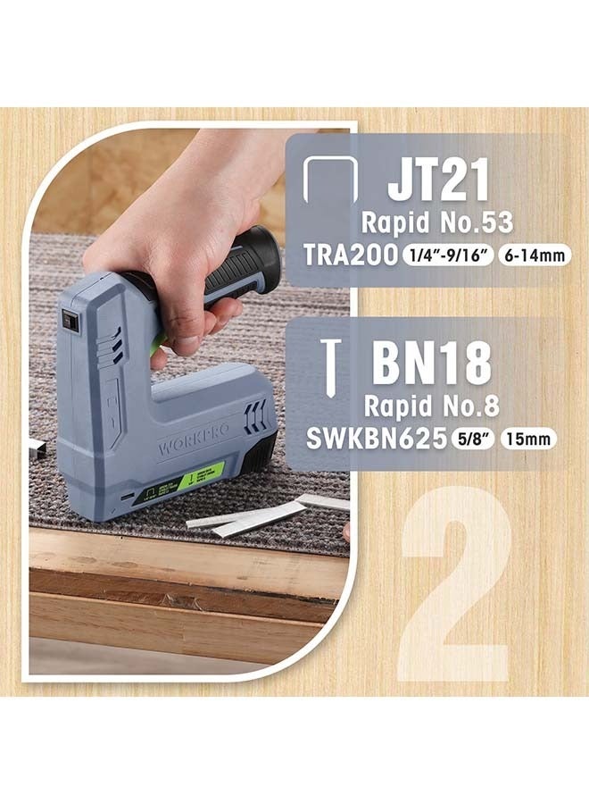 ووركبرو مسدس دبابيس ومسامير كهربائي 2 في 1 من WORKPRO، مدعوم ببطارية 2.0Ah للاستخدام في التنجيد والحرف اليدوية والمشروعات DIY، يتضمن كابل شحن USB، 2000 قطعة من الدبابيس والمسامير الخفيفة، مع قفازات وشريط قياس مجاني. - Image 2