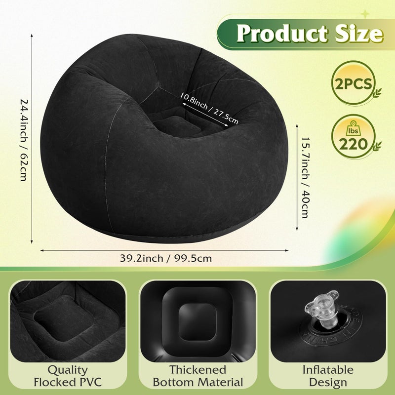 WLIVE 2 Pcs Bean Bag Chair for Kids Adults, Inflatable Chair, No Filler, Comfy, Suit for Dorm Gaming Room Indoor Outdoor, Black - Image 2