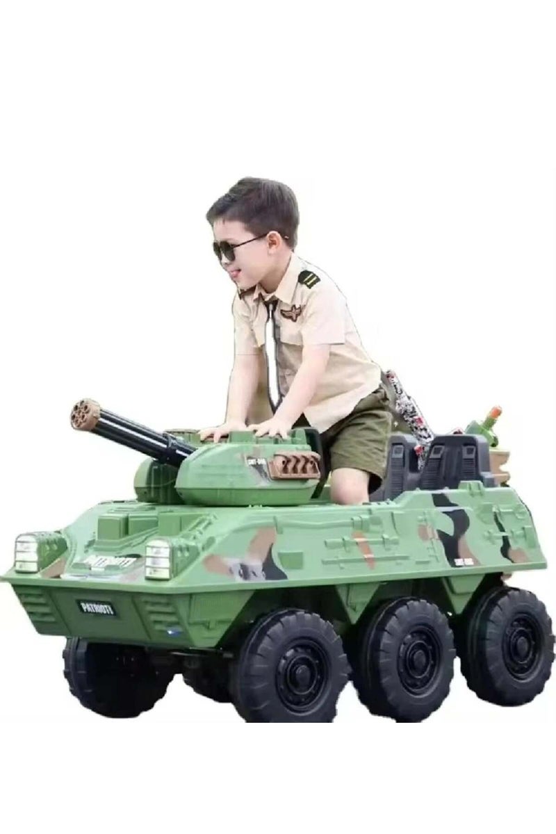 سيارة كهربائية على شكل دبابة للأطفال باللون الأخضر للأولاد - Image 1