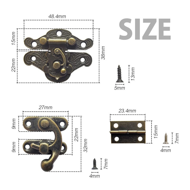 EAEDMY 36 Sets Retro Jewelry Box Hinges and Latches Hooks, Small Latches Hinges for Wooden Boxes Hardware, Antique Cabinet Furniture Hinges Hasp Clasp - Bronze Tone (36pcs) - Image 3