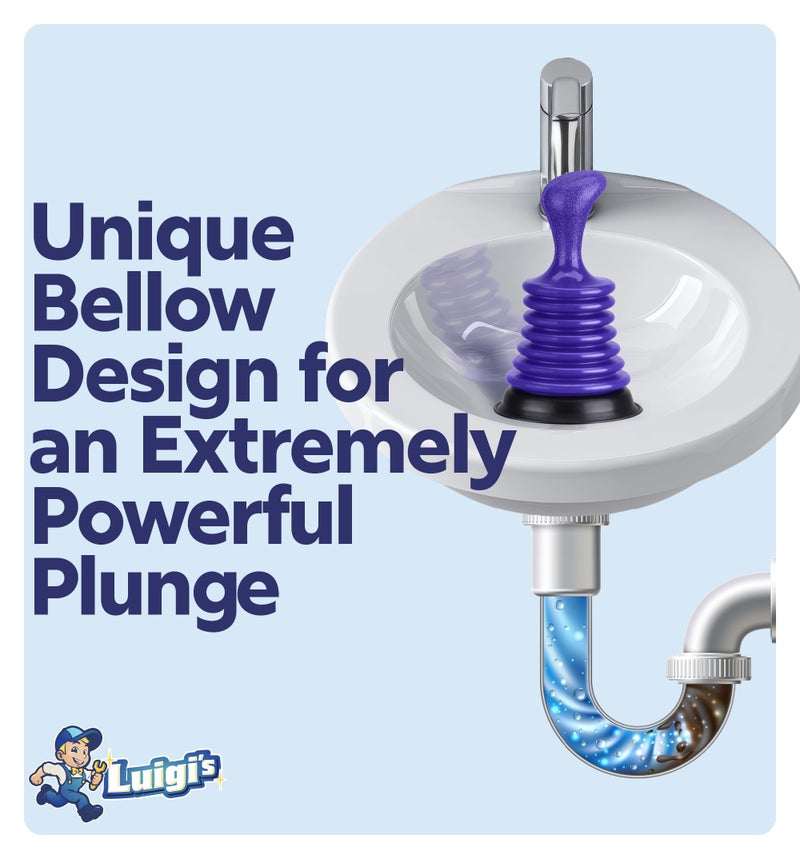 Luigi's Sink Plunger Kitchen - Sink Plunger Bathroom - Drain Bathtub or Shower - Small and Powerful Clog Remover - Commercial Style Plumbers Plungers with Large Bellows - Blue - Mini - Image 3