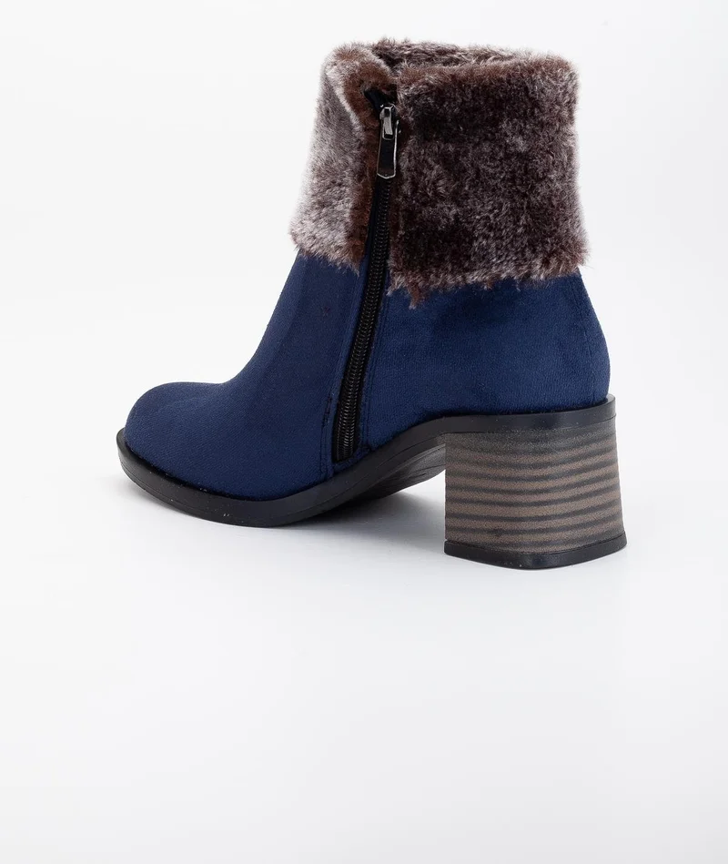 Dilimler Ayakkabı Slices Shoes Women's Heeled Boots Navy Blue Suede Fur Zipper Oval Toe