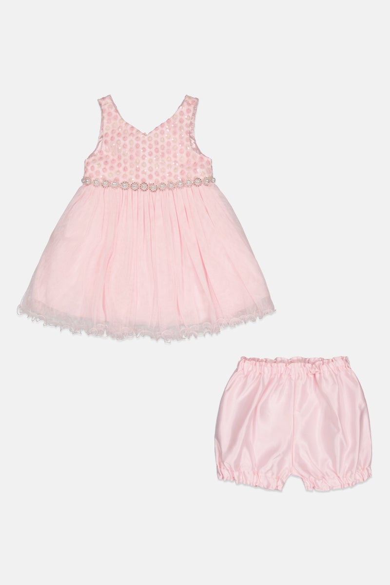 american Princess Toddlers Girl 2 Pcs Textured Mesh Party Dress With Shorts Set, Blush Pink  - Image 1