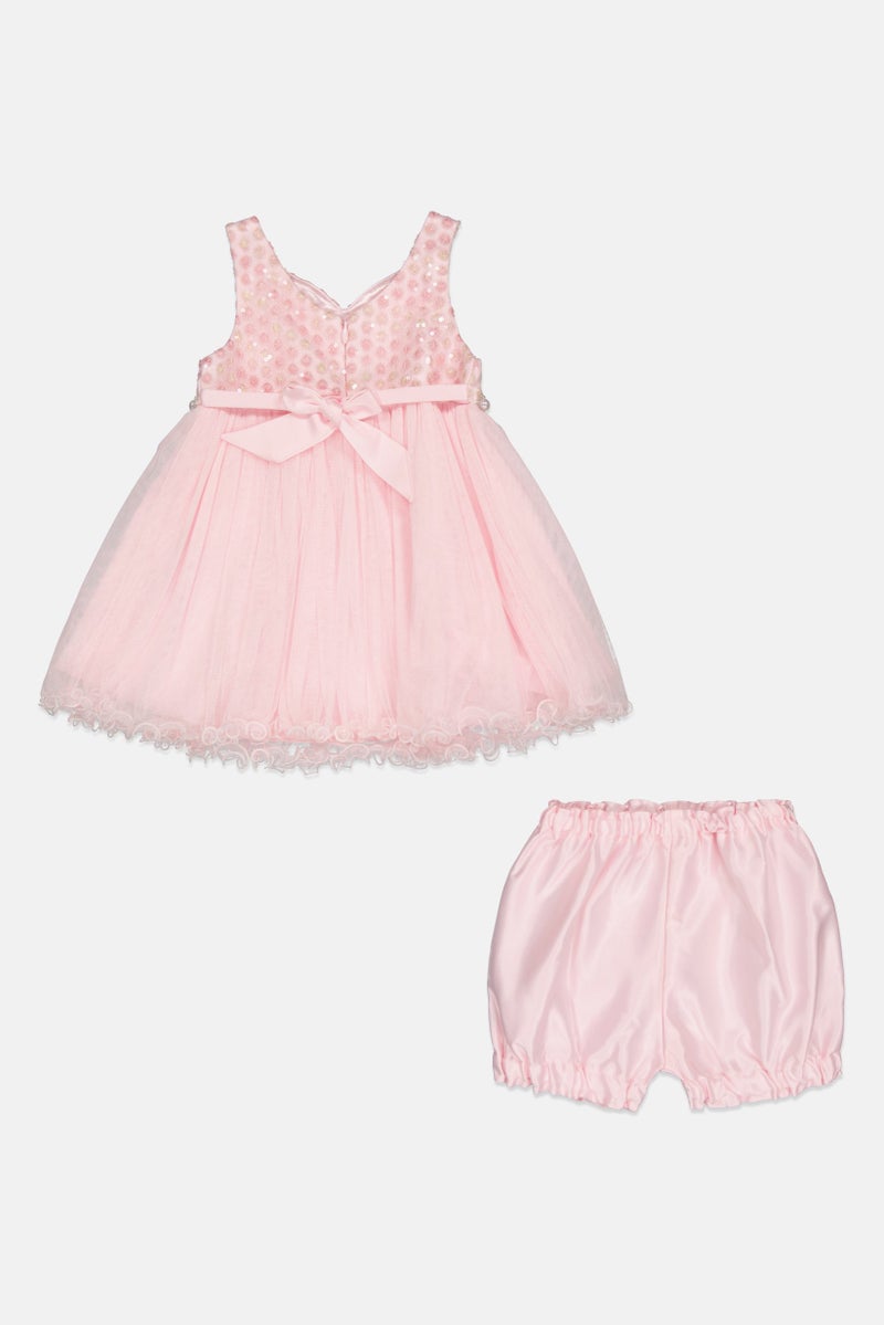 american Princess Toddlers Girl 2 Pcs Textured Mesh Party Dress With Shorts Set, Blush Pink  - Image 2