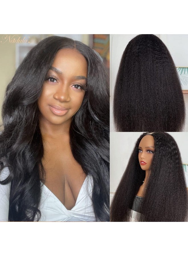Nadula V Part Kinky Straight Wig Human Hair Glueless No Leave Out Upgraded U Part Wigs For Womenyaki Straight Vpart Wigs V Shape Clip In Half Wig No Glue Wear And Go 150% Density 16Inch - Image 1