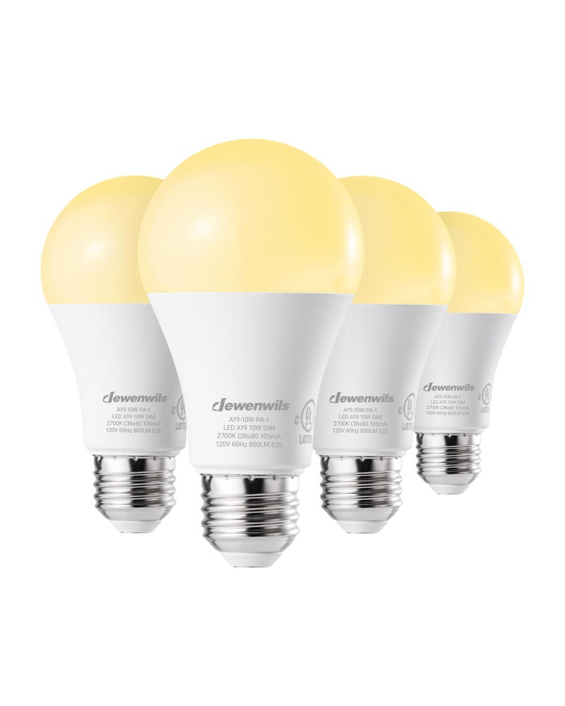 DEWENWILS 4Pack Dimmable LED A19 Light Bulb 800 Super Bright 2700K Soft Warm Light Bulb 10W 60 Watt Equivalent LED Bulb E26 Medium Screw Base UL Listed