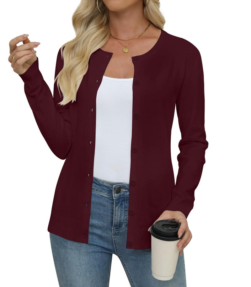 Yincro Women's Lightweight Crewneck Cardigan Long Sleeve Soft Knit Cardigans Sweater (Burgundy, M) - Image 1