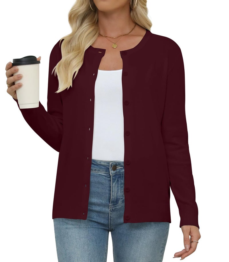 Yincro Women's Lightweight Crewneck Cardigan Long Sleeve Soft Knit Cardigans Sweater (Burgundy, M) - Image 2