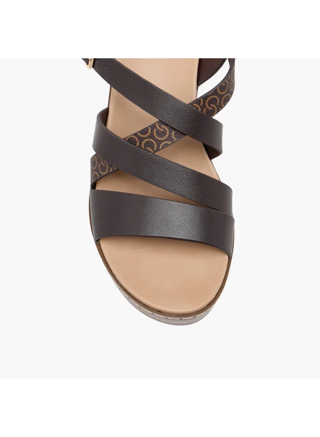 Celeste Women's Logo Print Cross Strap Sandals with Wedge Heel