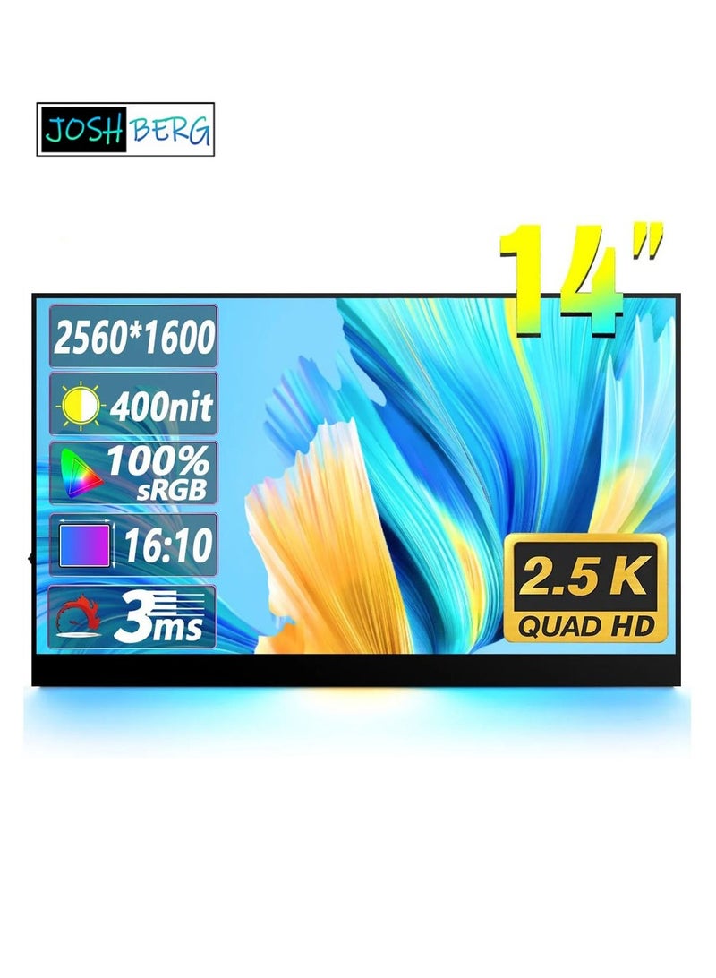 Joshberg 14.0-inch portable monitor, 2.5K resolution, laptop extended secondary screen, HDMI for screen mirroring from mobile phones/PS4/Switch - Image 1