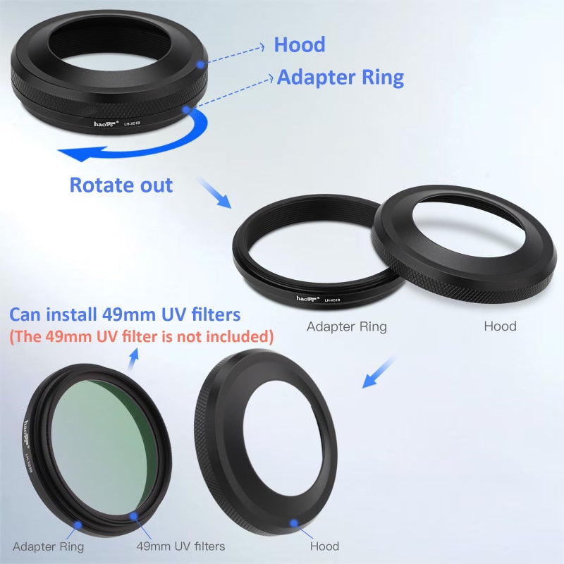 Haoge LH-X51B 2in1 All Metal Ultra-Thin Lens Hood with Adapter Ring Set for Fujifilm X100VI FinePix X100V Camera Accessories Black - Image 4