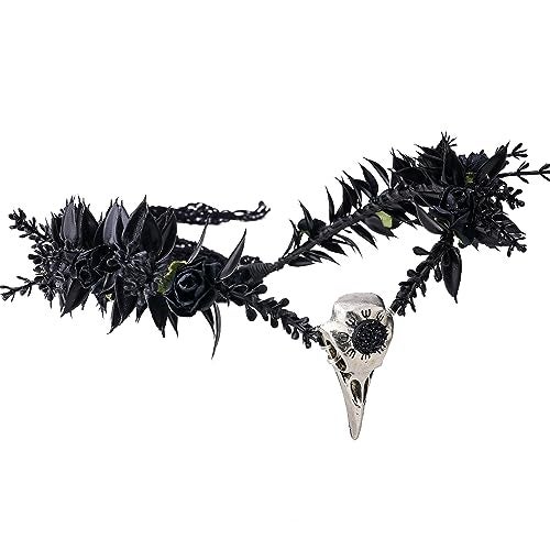 MOSTORY Black Elf Flower Crown Gothic Raven Skull Headpiece Witch Headband Dark Fairy Circlet for Witch Aesthetic Halloween Cosplay Renaissance Accessory Women Goth Wedding Photo Shoot - Image 1