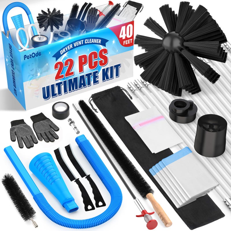 Petode 22Piece 40Feet Dryer Vent Cleaner Kit Dryer Vent Cleaning Kit Lint Remover with Dryer Vent Brush Vacuum Hose Attachment Cleaning Tools Flexible Lint Trap Brush Vacuum  Dryer Adapters