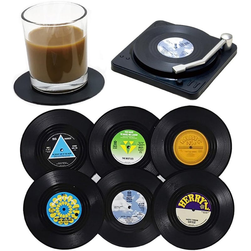 Kaxich 6pcs Retro CD Record Coasters with Holder Vinyl Mug Mats NonSlip Drink Coaster Set for Wine Glass Tea Coffee Home Kitchen Decor Gift Idea
