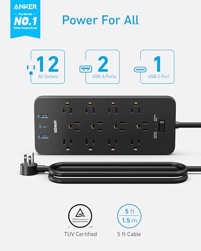 Anker واقي من زيادة التيار من أنكر (2100J)، 12 مخرج مع 2 منفذ USB A و 1 منفذ USB C لأجهزة متعددة، سلك تمديد بطول 5 أقدام، شحن بقوة 20W للمنزل، المكتب، والجامعة، مدرج في TUV - Image 2