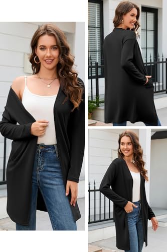 OUGES Women's 2025 Fashion Fall Winter Black Open Front Long Sleeve Lightweight Sweater Cardigan Shirt Clothing with Pockets(Black,XL) - Image 3