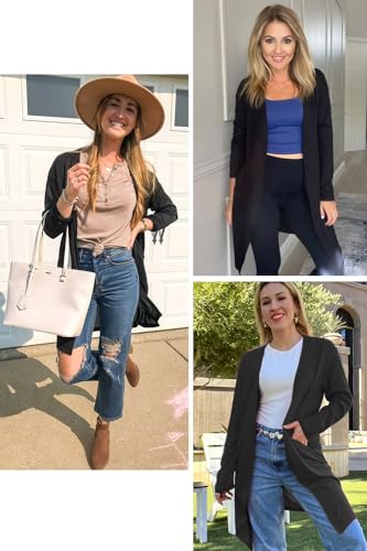 OUGES Women's 2025 Fashion Fall Winter Black Open Front Long Sleeve Lightweight Sweater Cardigan Shirt Clothing with Pockets(Black,XL) - Image 4