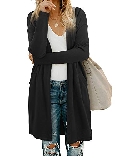 OUGES Women's 2025 Fashion Fall Winter Black Open Front Long Sleeve Lightweight Sweater Cardigan Shirt Clothing with Pockets(Black,XL) - Image 1