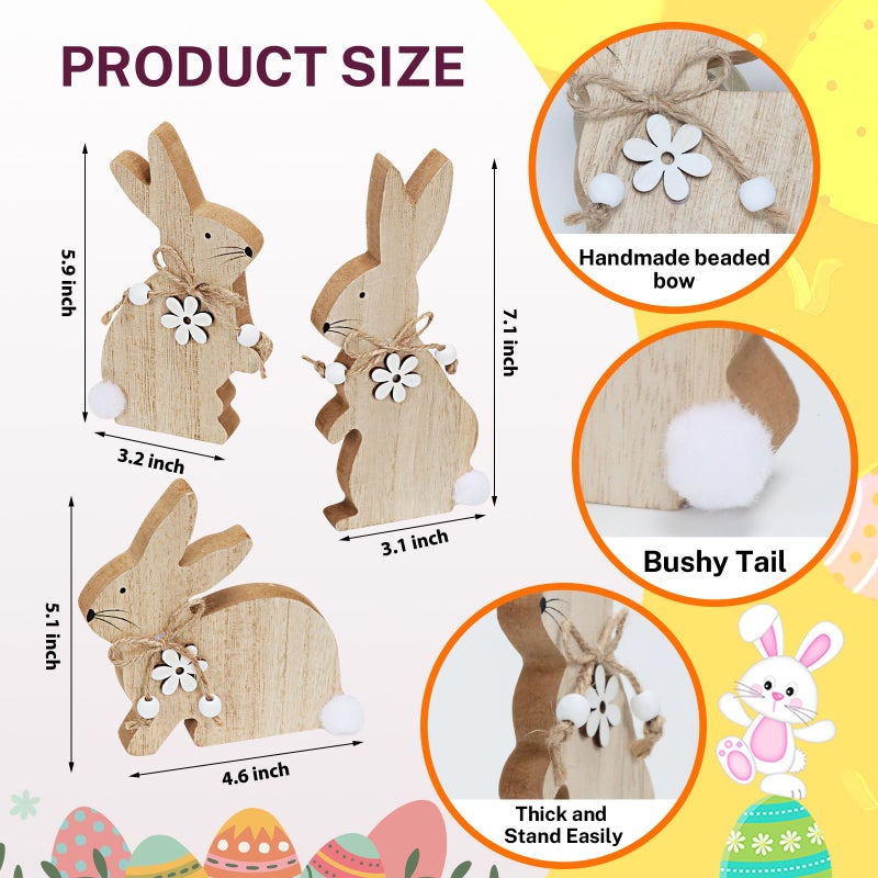 WellSign Easter Bunny Table Wooden Sign Decorations for Home, 3 Pieces Farmhouse Rabbit with Pompom Ball for Tabletop tiered tray Shelf Mantel Party Outdoor Indoor Decor - Image 2