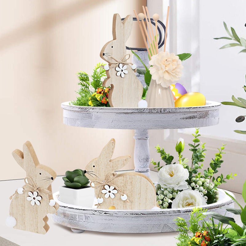 WellSign Easter Bunny Table Wooden Sign Decorations for Home, 3 Pieces Farmhouse Rabbit with Pompom Ball for Tabletop tiered tray Shelf Mantel Party Outdoor Indoor Decor - Image 3