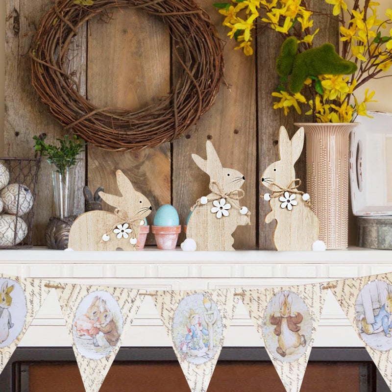 WellSign Easter Bunny Table Wooden Sign Decorations for Home, 3 Pieces Farmhouse Rabbit with Pompom Ball for Tabletop tiered tray Shelf Mantel Party Outdoor Indoor Decor - Image 5