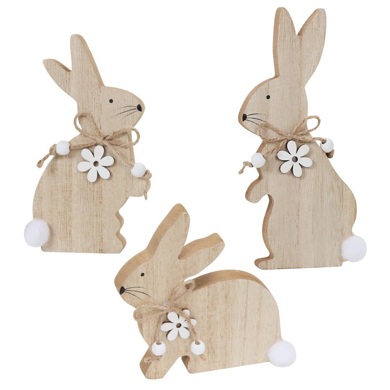 WellSign Easter Bunny Table Wooden Sign Decorations for Home, 3 Pieces Farmhouse Rabbit with Pompom Ball for Tabletop tiered tray Shelf Mantel Party Outdoor Indoor Decor - Image 1