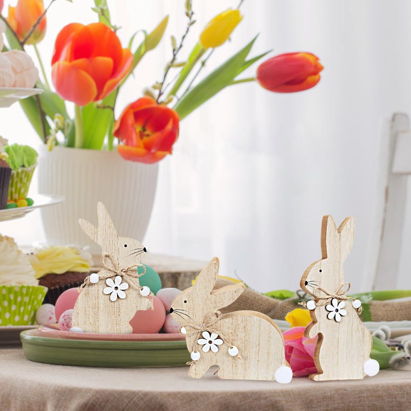 WellSign Easter Bunny Table Wooden Sign Decorations for Home, 3 Pieces Farmhouse Rabbit with Pompom Ball for Tabletop tiered tray Shelf Mantel Party Outdoor Indoor Decor - Image 4