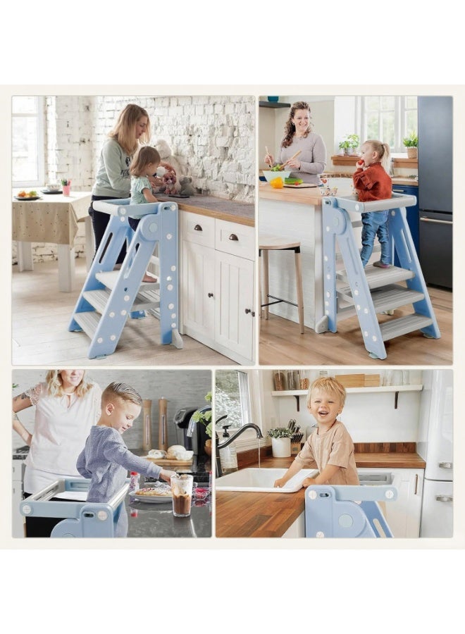 WALALLA Foldable Children's Kitchen Step Stool, Adjustable Height Learning Tower, Non-Slip Bedside Standing Tower, Multifunctional Child Ladder for Kitchen Counter Bathroom Sink with Handles, Safty Rail - Image 2