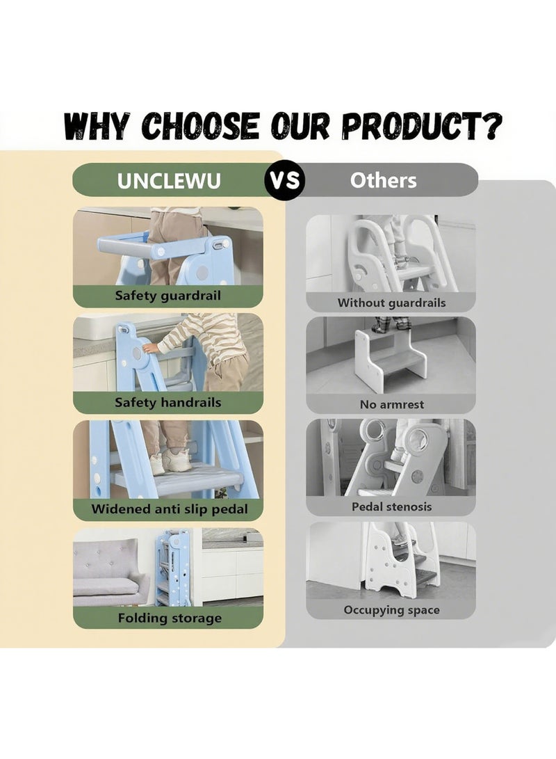 WALALLA Foldable Children's Kitchen Step Stool, Adjustable Height Learning Tower, Non-Slip Bedside Standing Tower, Multifunctional Child Ladder for Kitchen Counter Bathroom Sink with Handles, Safty Rail - Image 3