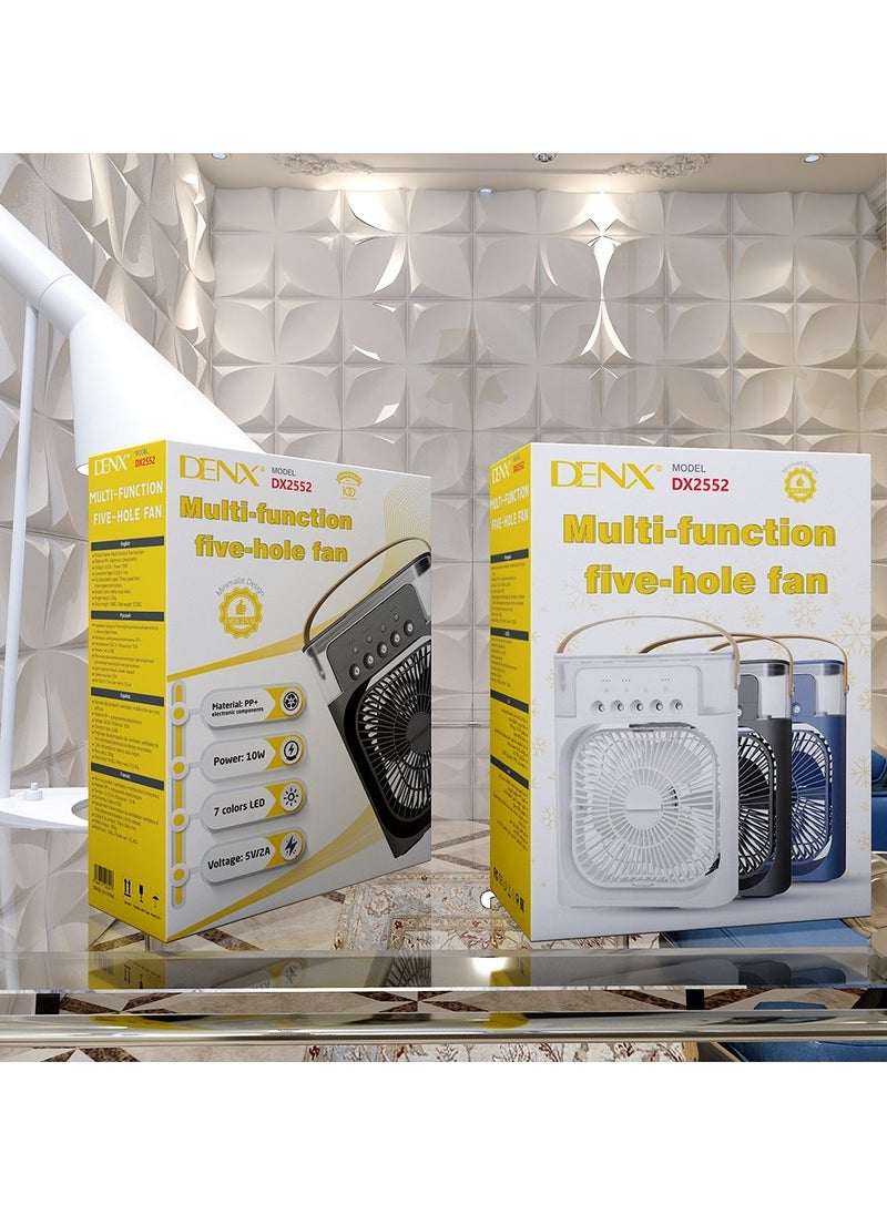 مروحة رش ضباب محمولة مع 5 منافذ مياه و3 سرعات، مروحة DENX DX2552 متعددة الوظائف بخمس فتحات، مكيف هواء صغير 3 في 1، مرطب