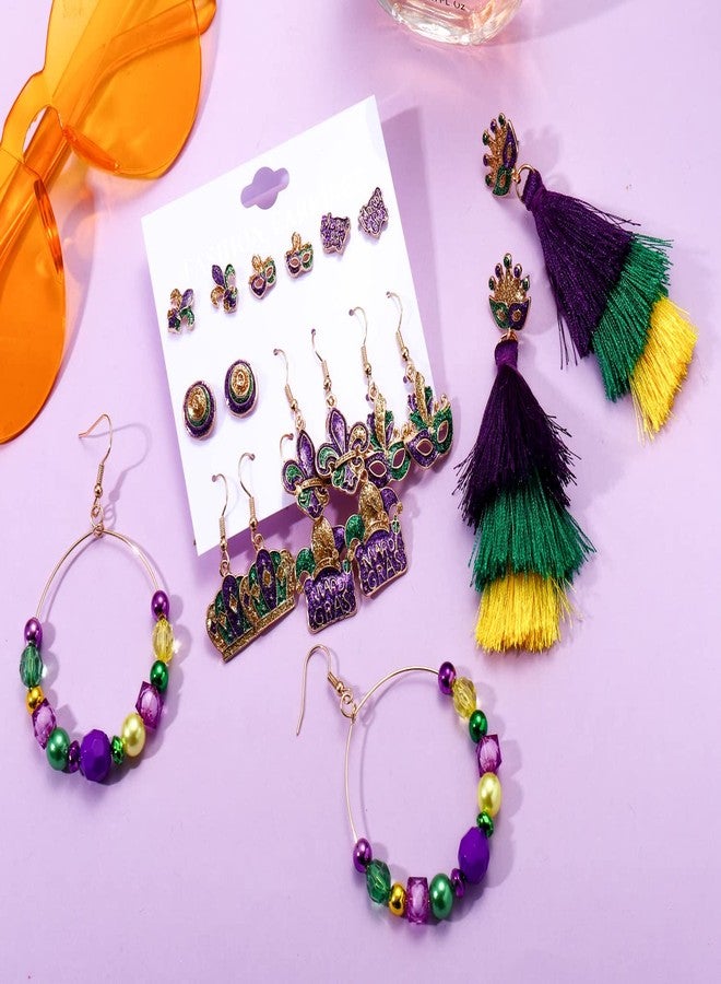 NLCAC Mardi Gras Earrings Set Fleur De Lis Mask Stud Earrings Beaded Tassel Dangle Earrings for Women (11 Pairs Set) - Image 3