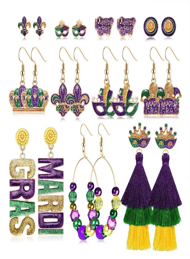 NLCAC Mardi Gras Earrings Set Fleur De Lis Mask Stud Earrings Beaded Tassel Dangle Earrings for Women (11 Pairs Set) - Image 1