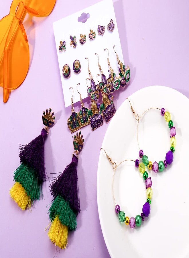 NLCAC Mardi Gras Earrings Set Fleur De Lis Mask Stud Earrings Beaded Tassel Dangle Earrings for Women (11 Pairs Set) - Image 2