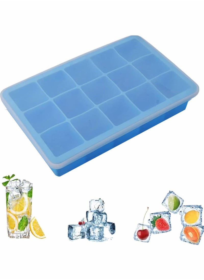 Generic - Silicone Ice Cube Tray with Removable Lid 15 Grids Square Ice Cubes Mold Blue - Image 1