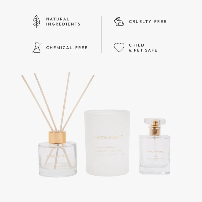 AROMA360 Chandelier - Paris Collection - 3 Piece Set - Scented Candle, Reed Diffuser & Room Spray - Hints of Bergamot, Sweet Berry, Jasmine, Saffron - Essential Oil