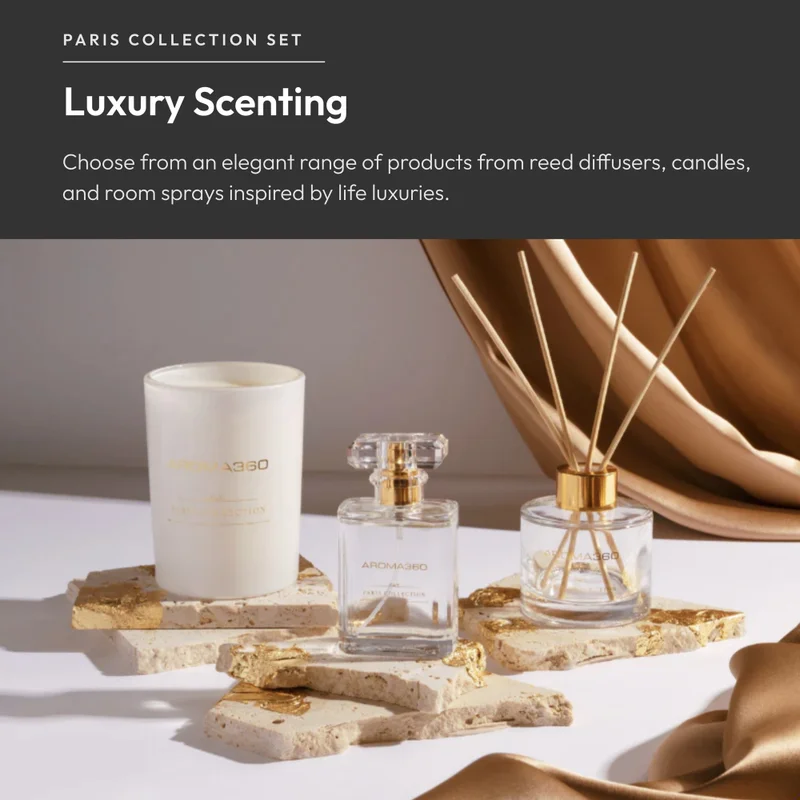 Aroma360  Chandelier - Paris Collection - 3 Piece Set - Scented Candle, Reed Diffuser & Room Spray - Hints of Bergamot, Sweet Berry, Jasmine, Saffron - Essential Oil  | Best Price UAE