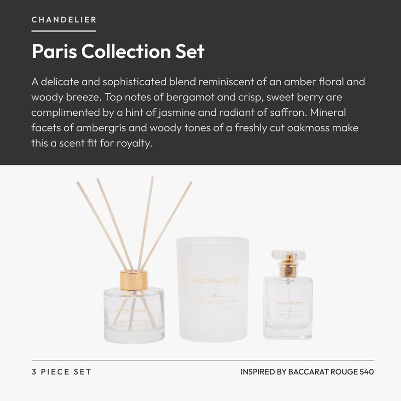 Aroma360  Chandelier - Paris Collection - 3 Piece Set - Scented Candle, Reed Diffuser & Room Spray - Hints of Bergamot, Sweet Berry, Jasmine, Saffron - Essential Oil  | Best Price UAE