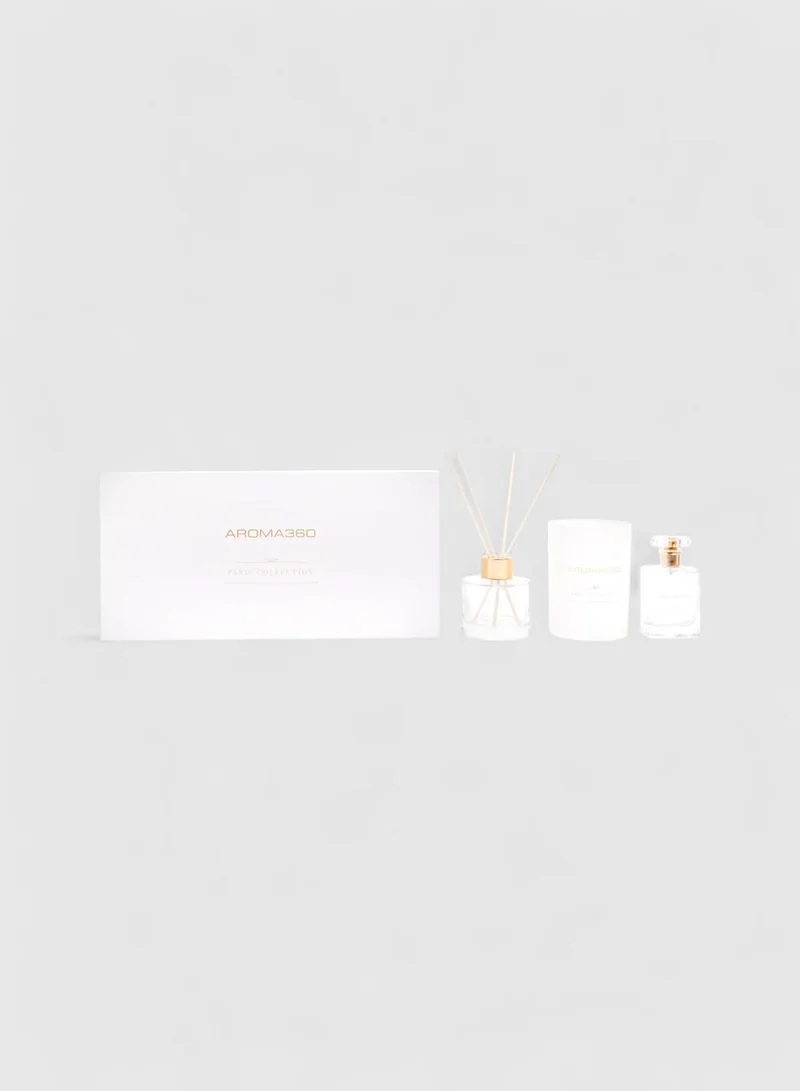 AROMA360 Chandelier - Paris Collection - 3 Piece Set - Scented Candle, Reed Diffuser & Room Spray - Hints of Bergamot, Sweet Berry, Jasmine, Saffron - Essential Oil