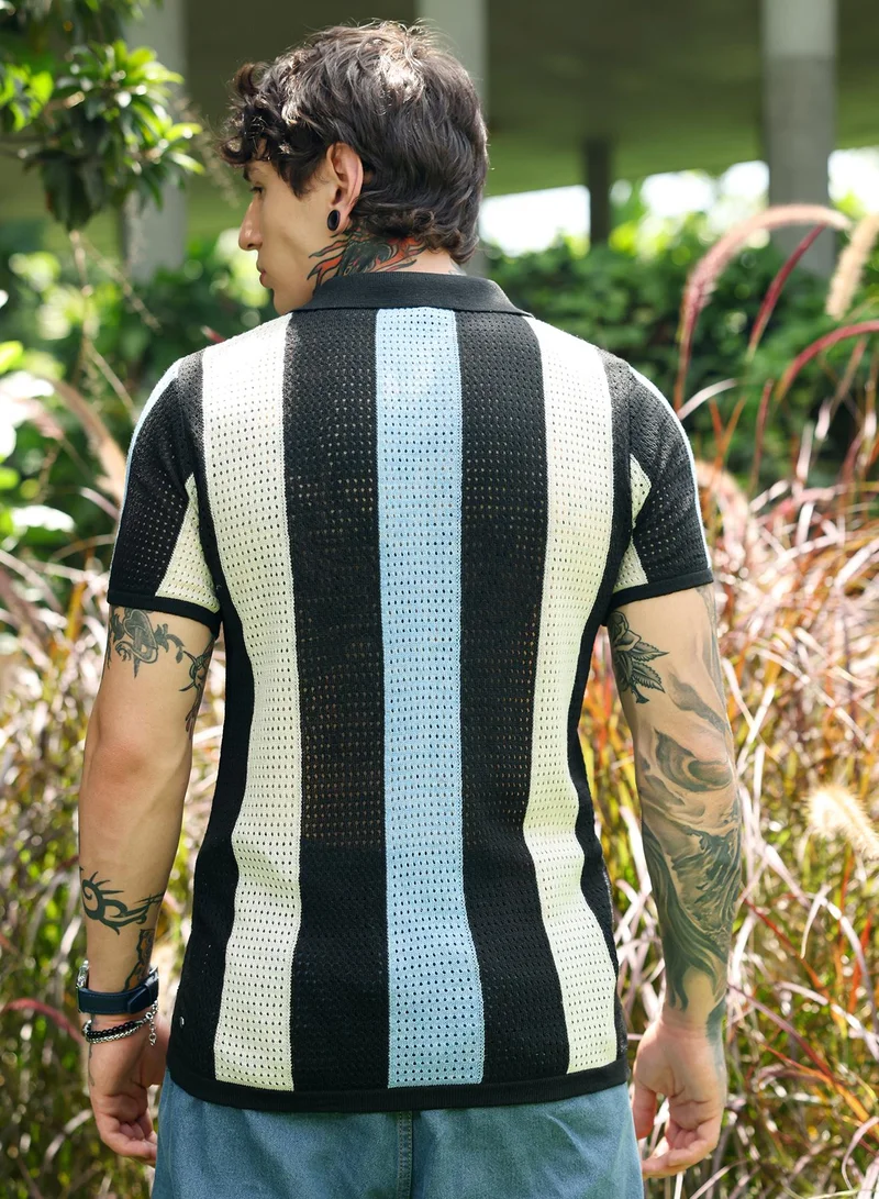 Campus Sutra Campus Sutra Men's Powder Blue:Cream White Panel-Knit Polo T-Shirt | Vertical Stripes & Breathable Knit Texture | Regular Fit, Polo Collar, Cotton Blend | Lightweight & Stylish Everyday Wear
