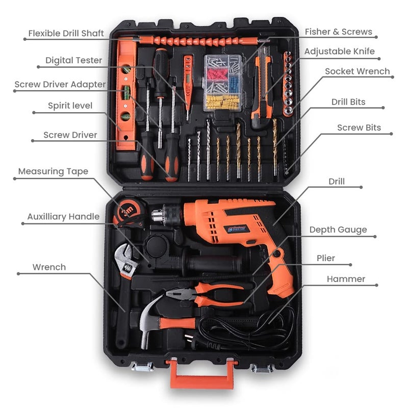 CHESTON Cheston 13mm Drill Kit 750W Powerful Impact Drill Machine Kit Screwdriver Kit with 43 Pieces Tool Kit and Accessories Hammer Wrench Plier Cutter Spirit Level Tape  - Image 2