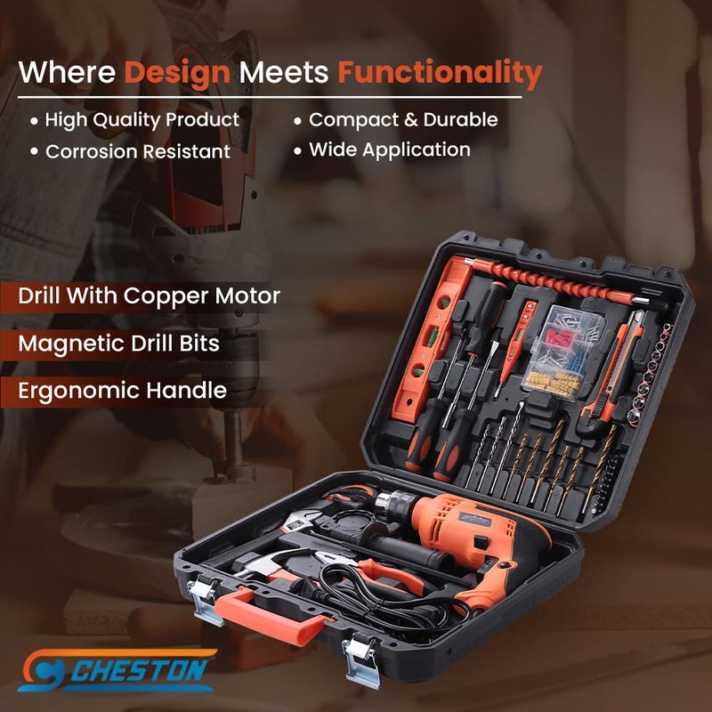 CHESTON Cheston 13mm Drill Kit 750W Powerful Impact Drill Machine Kit Screwdriver Kit with 43 Pieces Tool Kit and Accessories Hammer Wrench Plier Cutter Spirit Level Tape  - Image 4
